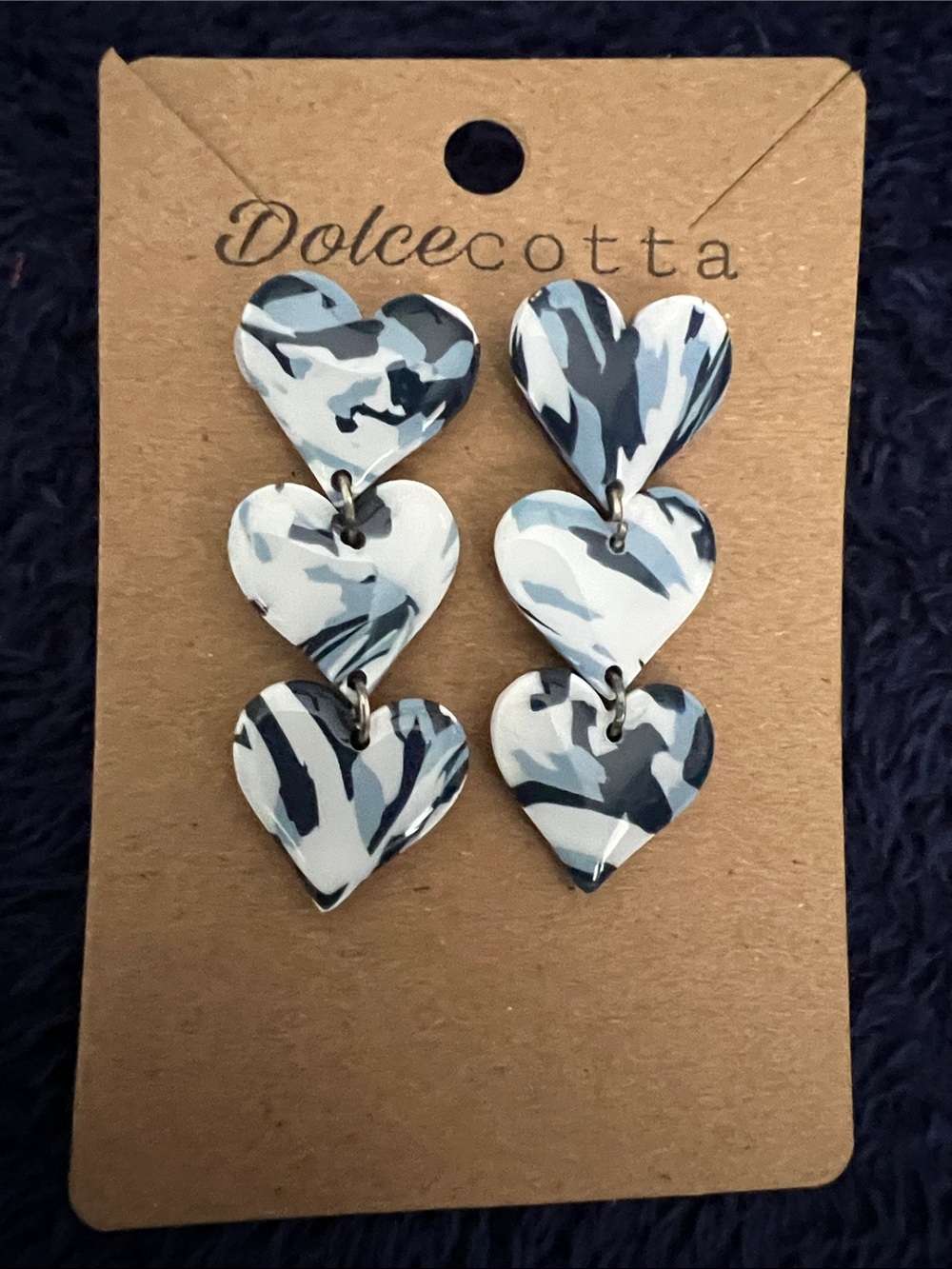 Marble Heart Drop Earrings - Black & White